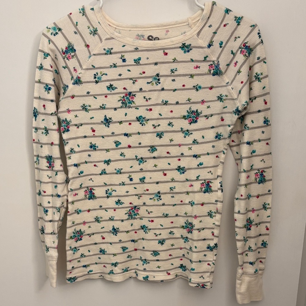 Girls SO Cream Floral Striped Thermal Top